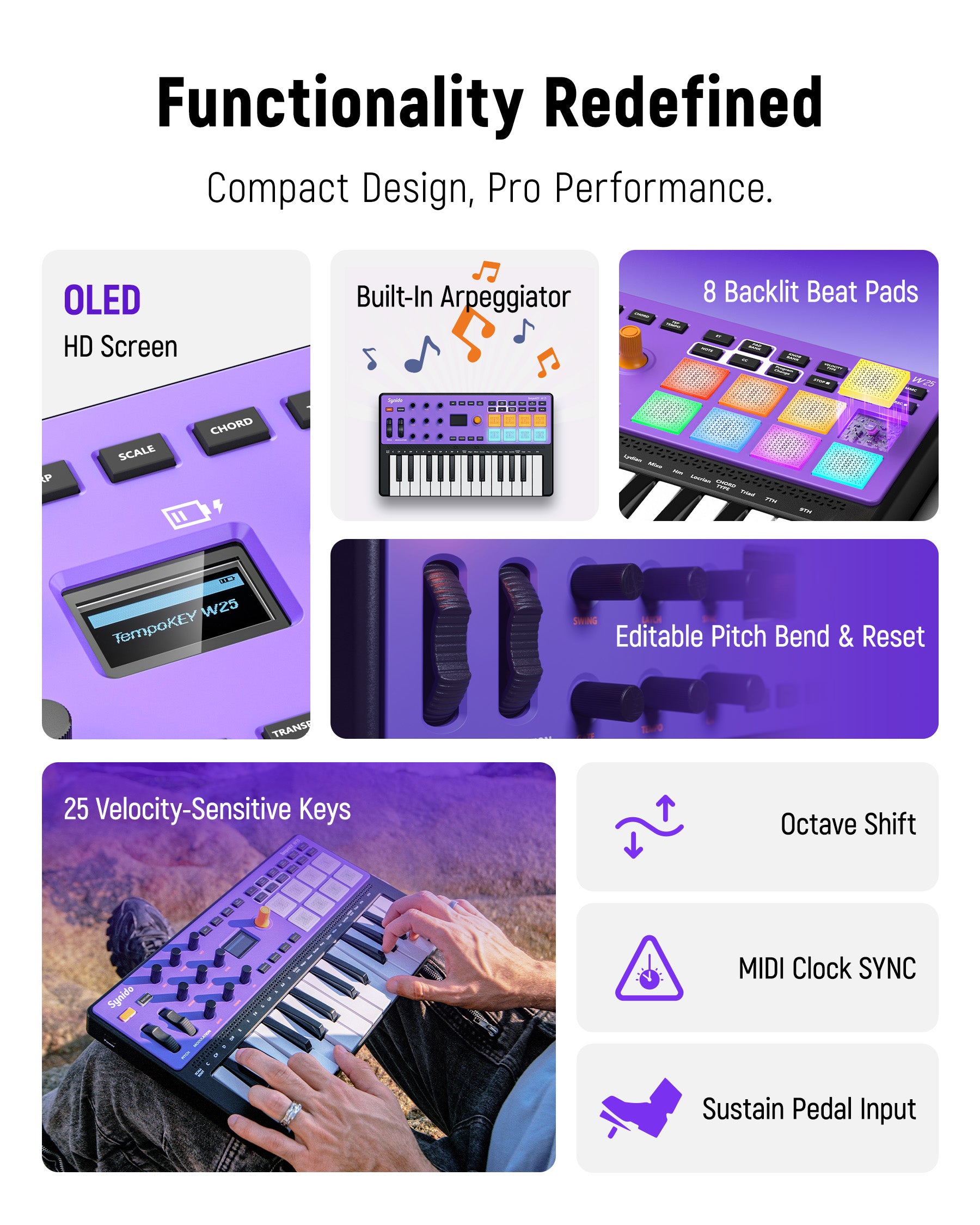 Synido TempoKEY W25 MIDI Keyboard Controller Wireless Bluetooth