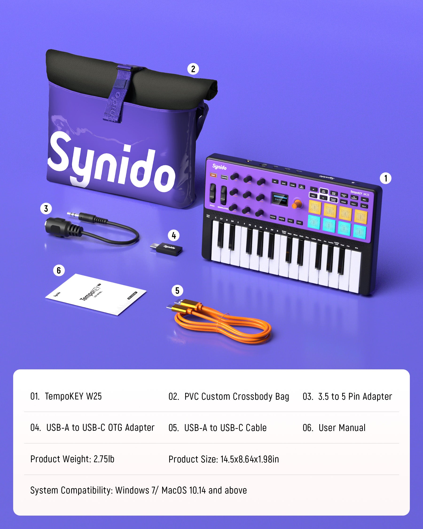 Synido TempoKEY W25 MIDI Keyboard Controller Wireless Bluetooth
